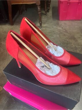 Shoe Dazzle Red Pointed-Toe Sheer Panel Pumps